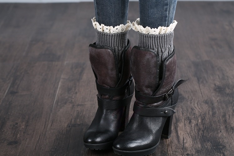 Womens Lace Trim Knit Boot Cuffs Crochet Thermal Short Leg Warmer Boot Toppers